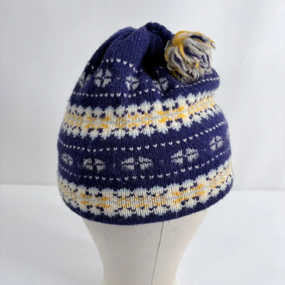 Turtle Fur Beanie Purple Fair Isle Knit‎ Fleece Lined Pom Pom Hat Women Medium